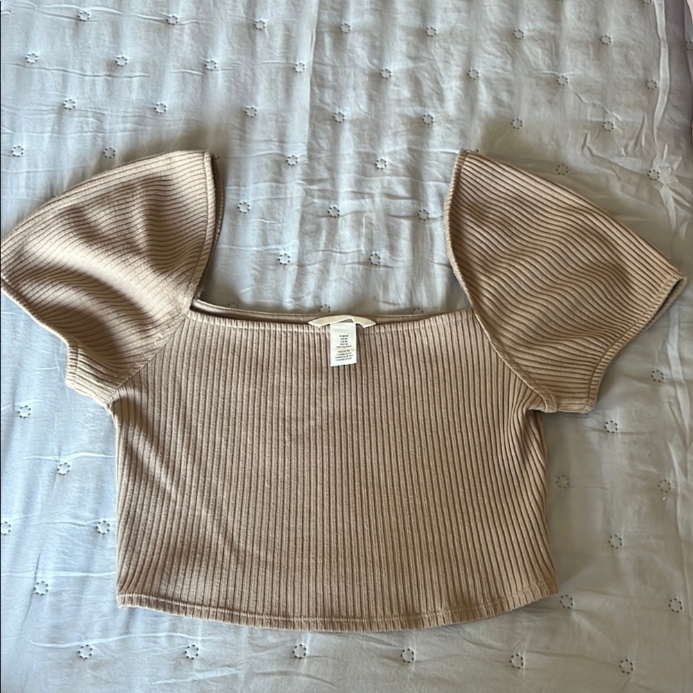 Ribbed Tan Off-Shoulder Top
